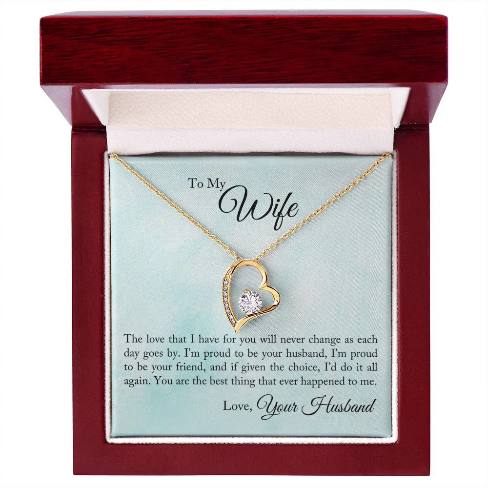 Wife Love I Have Forever Love CZ Heart Necklace Yellow Gold Luxury Box